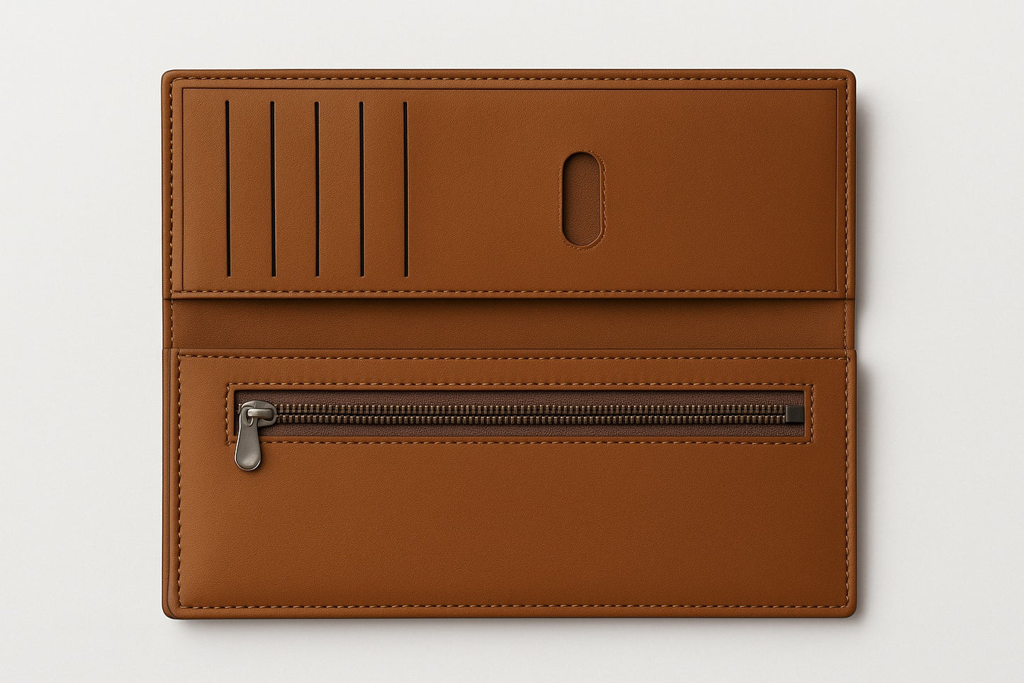 Long leather wallets with multiple card slots, zipper pockets.