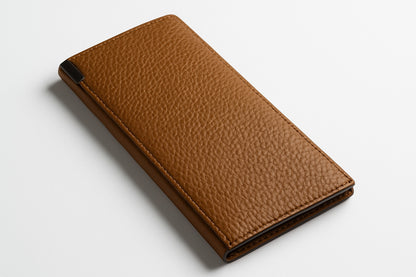 Long leather wallets with multiple card slots, zipper pockets.