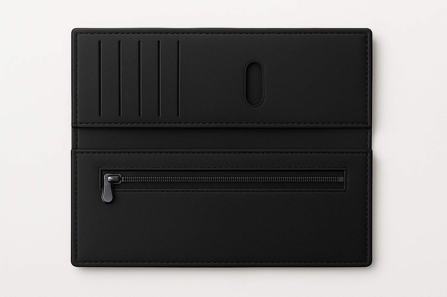 Long leather wallets with multiple card slots, zipper pockets.