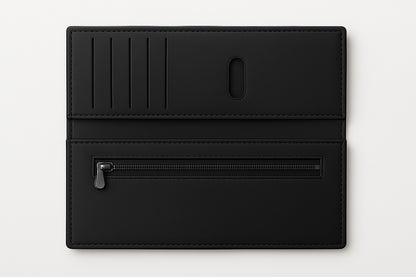 Long leather wallets with multiple card slots, zipper pockets.