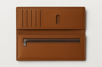 Long leather wallets with multiple card slots, zipper pockets.