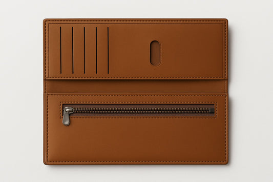Long leather wallets with multiple card slots, zipper pockets.