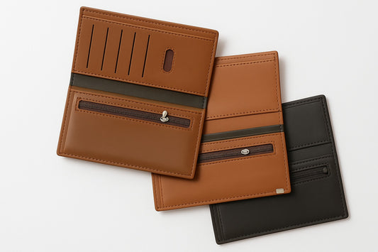 Long leather wallets with multiple card slots, zipper pockets.