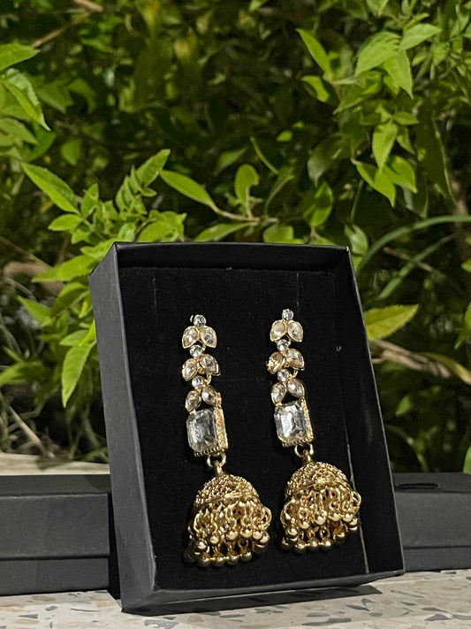 Traditional Gold Jhumka Earrings with Crystal Accents