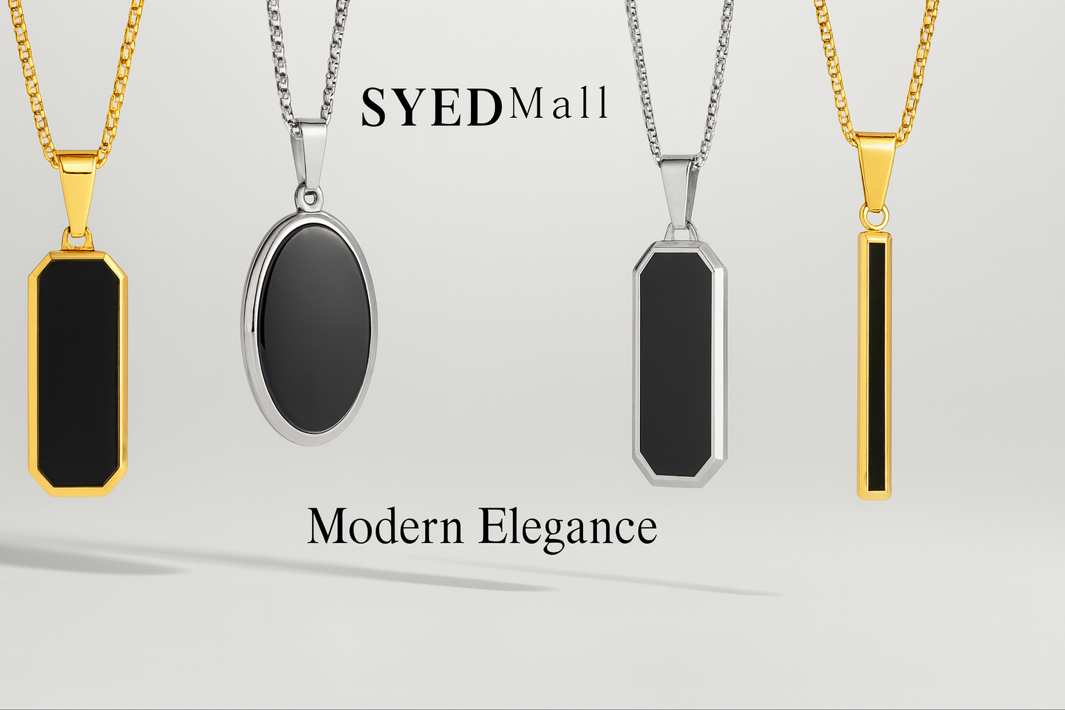 Premium lifestyle banner for SYEDᴹᵃˡˡ featuring black enamel pendant collection