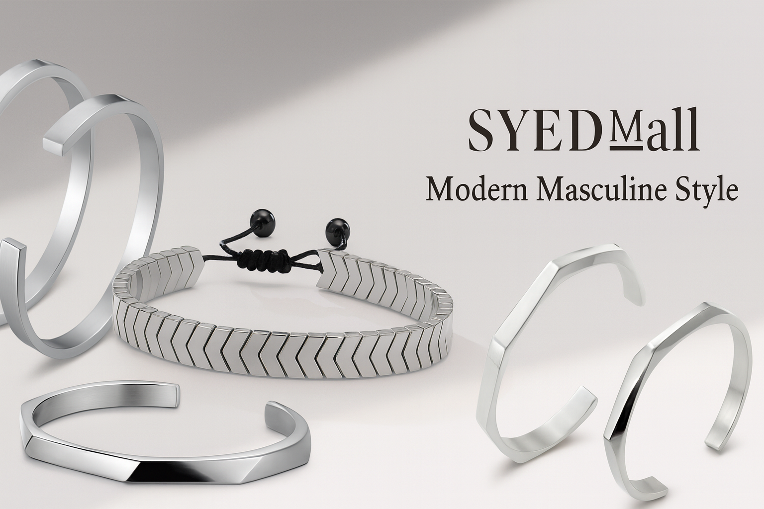 Premium lifestyle banner for SYEDᴹᵃˡˡ featuring elegant men's bracelet collection